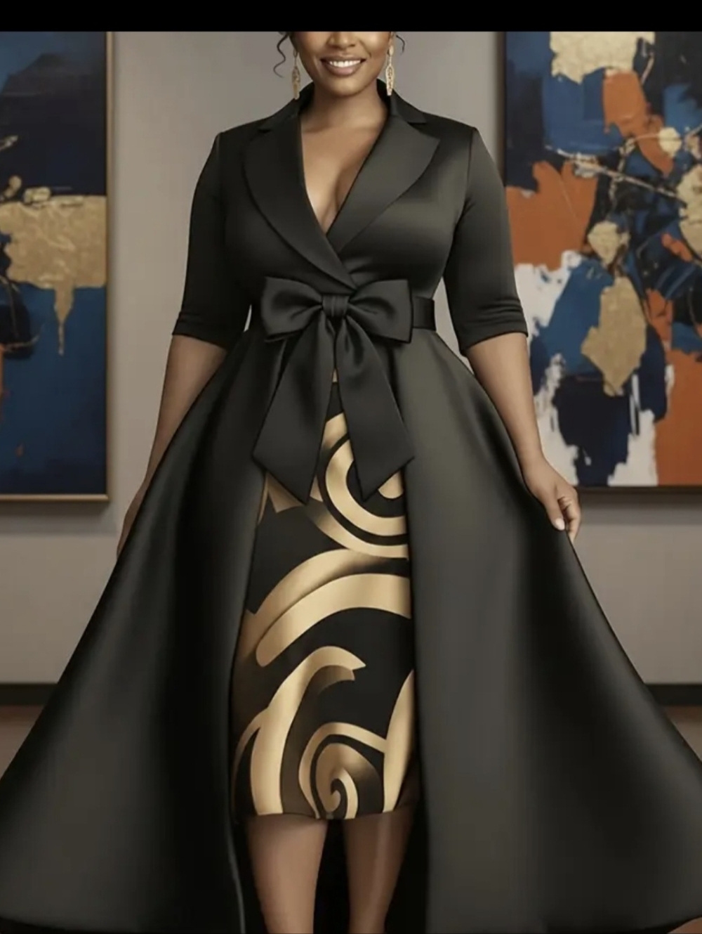 Elegant Black & Gold Two-Piece Evening Dress with Bow Waist
